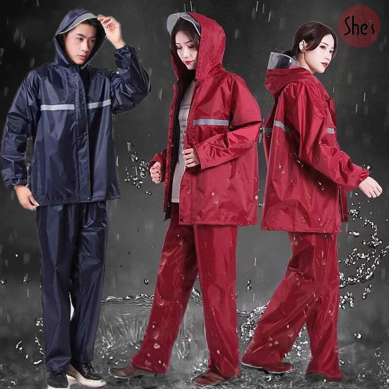 เสื้อกันฝนผู้ใหญ่ แบบหนา มีแถบสะท้อนแสง แยกเสื้อ-กางเกง