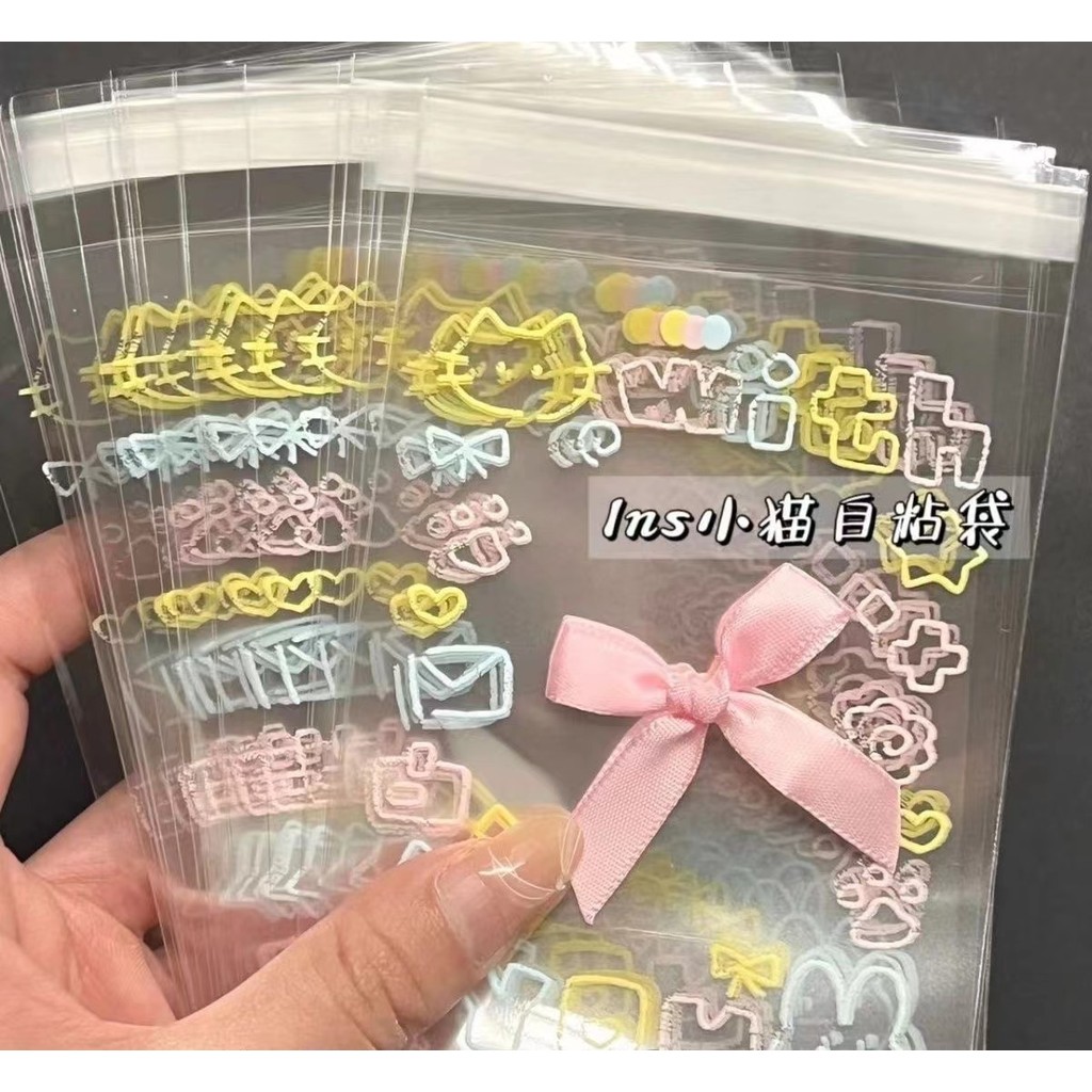 100 ชิ้นการ์ตูน Graffiti ลูกแมว Self-Adhesive กระเป๋า Candy อาหารบรรจุภัณฑ์การ์ดถุงของขวัญขนาดเล็กถุ