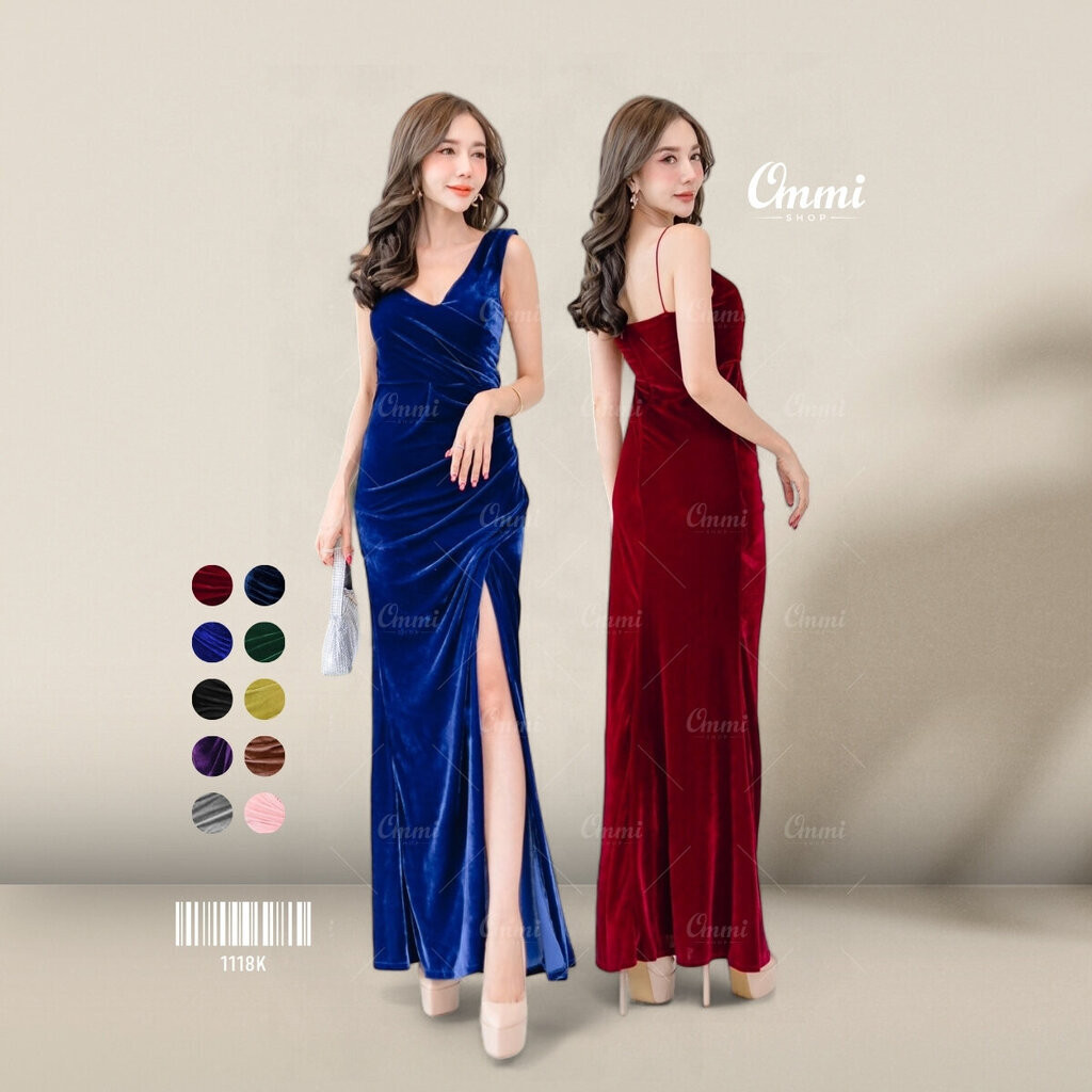 Ommishop ชุดราตรี 1118K สายเดี่ยว วีจิก กำมะหยี่ เดรสออกงาน ชุดงานแต่ง เพื่อนเจ้าสาว