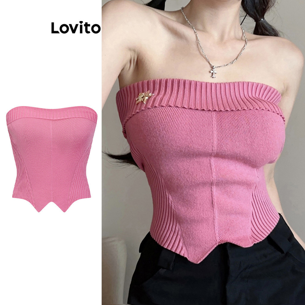 Lovito เสื้อเกาะอกผู้หญิง ผ้าถัก ผ่าหน้า สีพื้น สไตล์ลำลอง L76AD080
