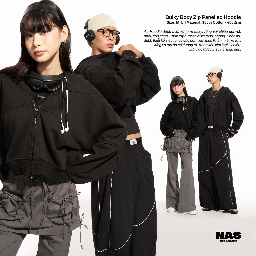 NAS Bulky Boxy Zip Paneled Hoodie - Unisex Hoodie Zip Form Boxy