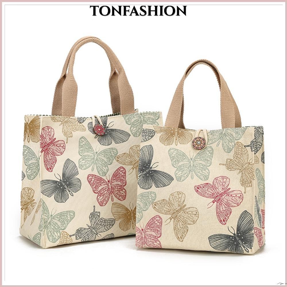 Tonfashion กระเป๋าใส่อาหารกลางวัน ผ้าแคนวาส พิมพ์ลายผีเสื้อ ความจุขนาดใหญ่