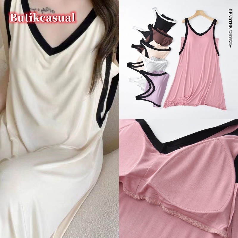 ผู้หญิงรุ่น v คอแขนกุดชุดนอนบาง nightwear midi nightgown แผ่นหน้าอกฤดูร้อนใหม่นุ่มชุด