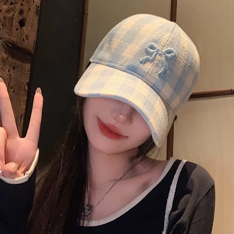 หมวกเบสบอล ผ้ายีน ลายสก๊อต ประดับโบว์ ขนาดเล็ก เข้ากับทุกการแต่งกาย สไตล์เกาหลี สําหรับผู้หญิง