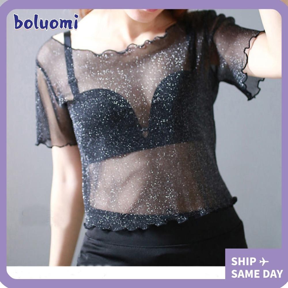 Boluomi เสื้อเชิ้ตแขนสั้น ผ้าตาข่าย โชว์สะดือ แฟชั่นสําหรับผู้หญิง