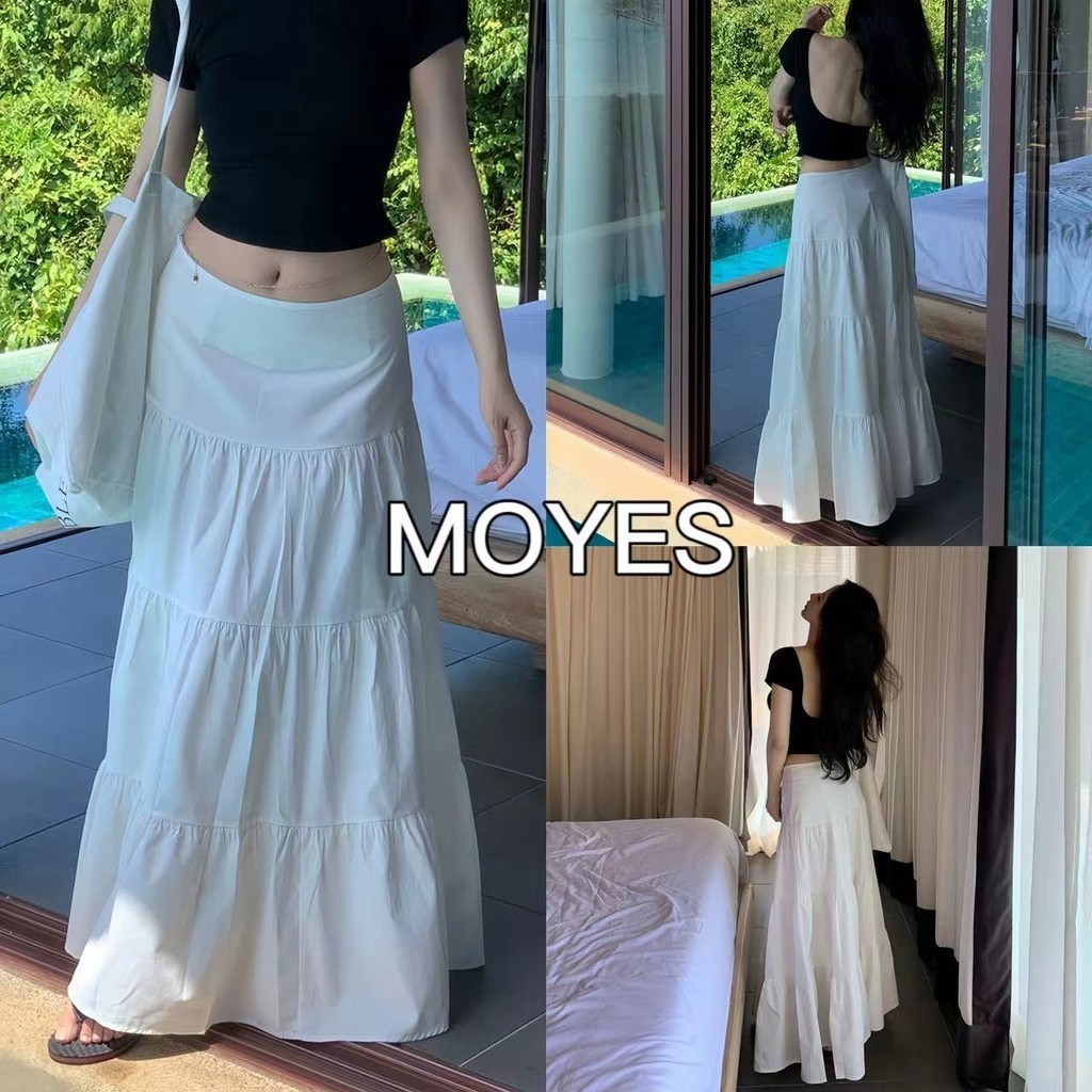 MOYES🌸จัดส่งที่รวดเร็ว⛱️กระโปรงยาวสีพื้น มีซิปข้าง ผ้าอย่างดี ดีเทลแต่งชายระบาย สไตล์โบฮีเมี่ยน