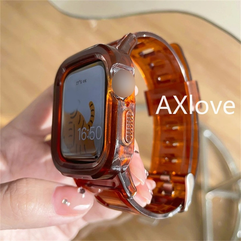 สายนาฬิกาข้อมือพลาสติกใส พร้อมเคส สําหรับ Apple Watch Series 9 8 6 5 SE 4 3 44 มม. 40 มม. 38 มม. 42 มม. iwatch Ultra 8 7 45 มม. 41 มม.