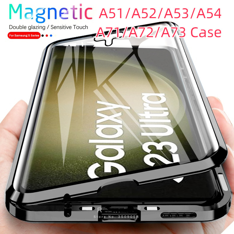 เคสโทรศัพท์มือถือกระจกนิรภัย แบบฝาพับแม่เหล็ก สองด้าน กันกระแทก สําหรับ Samsung Galaxy A51 A71 A72 A73 A52 A54 5G A13