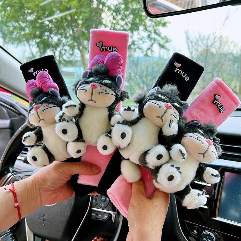 New style Car Safety Belt Shoulder Pad Cover Female Winter Pink Plush Lucifer Cat Anti-Strangulation Neck Safety Belt Car Interior Decoration Cute car decoration ZePn