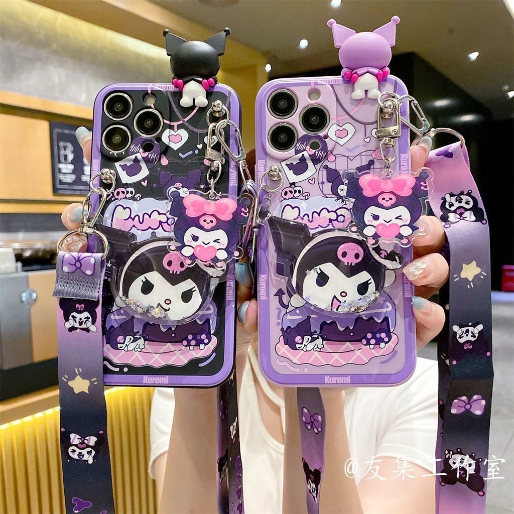 เคสโทรศัพท์มือถือ TPU แบบนิ่ม ลายคุโรมิ พร้อมสายคล้อง ป้องกันเลนส์กล้อง สําหรับ iPhone 15 14 13 12