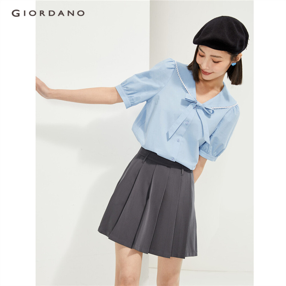 GIORDANO WOMEN Bow sailor collar short sleeve cotton shirt 18344905