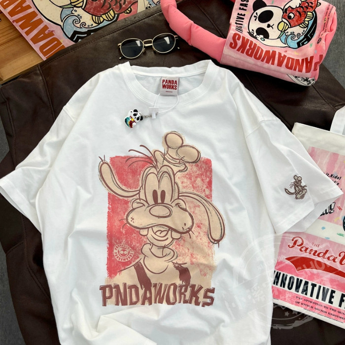 【Polyester】เสื้อยืดคอกลม แขนสั้น พิมพ์ลายการ์ตูน ทรงหลวม สไตล์เกาหลี เรโทร ฤดูร้อน สําหรับผู้หญิง นักเรียน