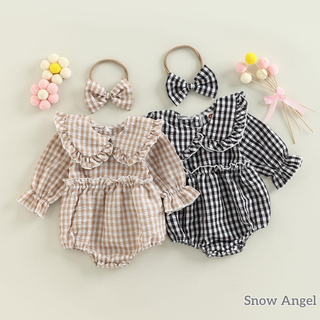2 ชิ้นเด็กสาวชุดฤดูใบไม้ร่วงลายสก๊อตตุ๊กตาคอยาวแขนยาว Ruffle Romper + Hairband ชุดสําหรับทารก 0-18 เดือน