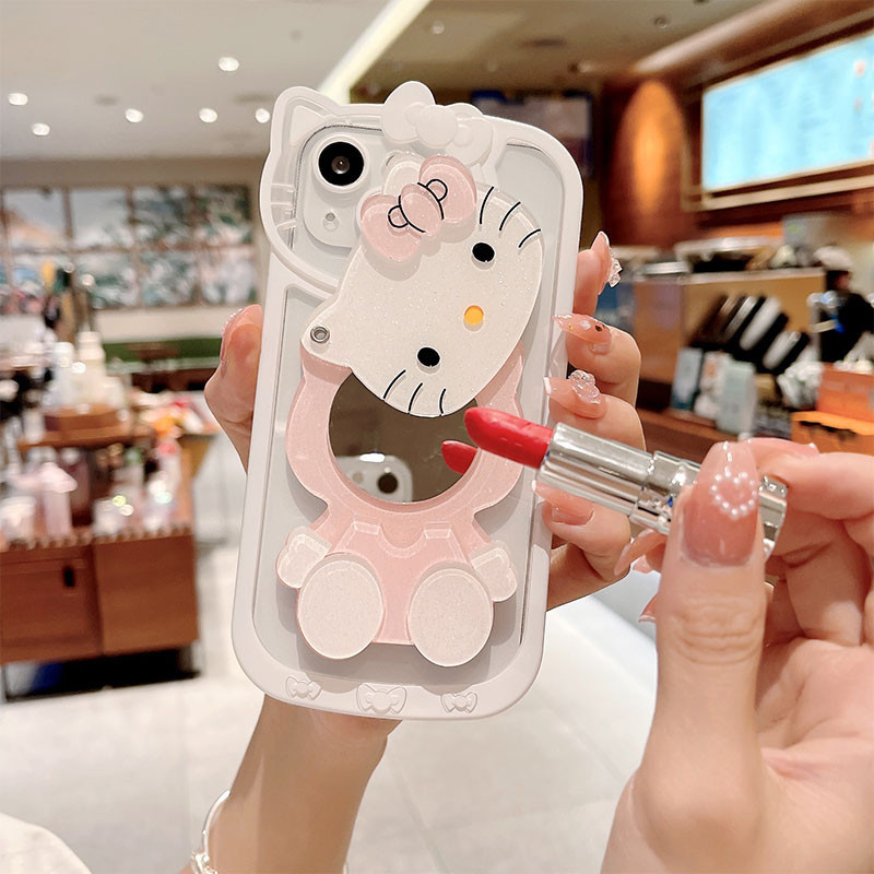 เคสโทรศัพท์มือถือ ลายการ์ตูนเฮลโลคิตตีน่ารัก พร้อมกระจกแต่งหน้า สําหรับ iPhone 7 8 Plus X XS Max XR SE iPhone 15 14 13 12 11 Pro Max 15 Plus