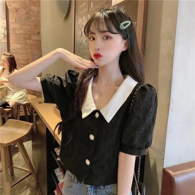 เสื้อเชิ้ตแขนสั้น คอปก ผ้าชีฟอง ปักลาย สีคอนทราสต์ แฟชั่นฤดูร้อน สําหรับผู้หญิง