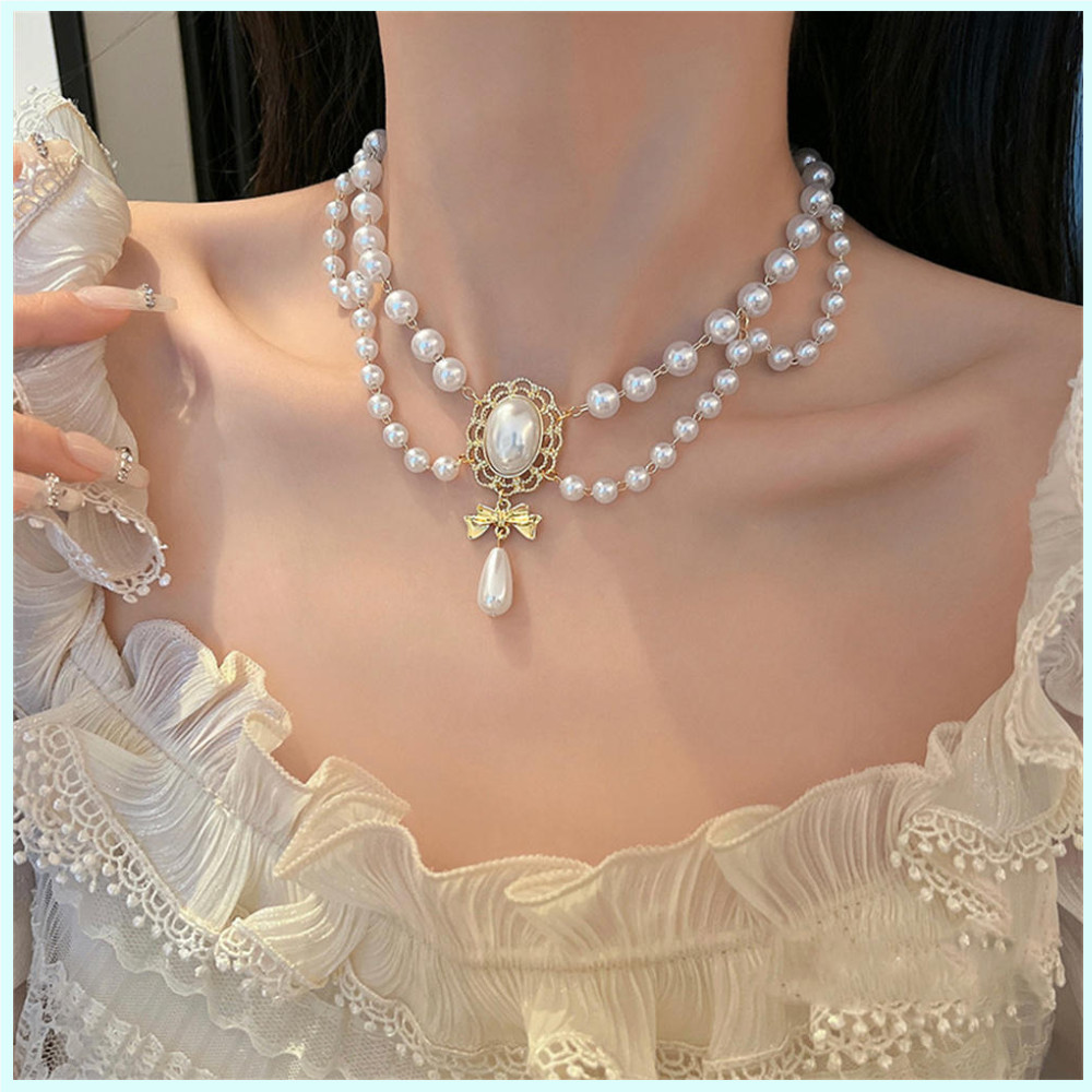 หลายชั้น สีขาว มุก หัวใจ สร้อยคอ วินเทจ มุก โช้คเกอร์ สร้อยคอ สําหรับผู้หญิง หรูหรา กุทัณฑ์ จี้ สร้อยคอแต่งงาน เครื่องประดับ