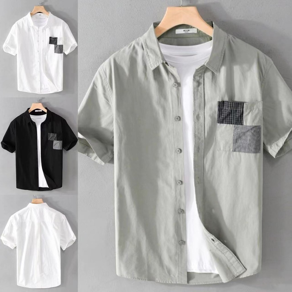 คาร์บอนไฟเบอร์ เสื้อเชิ้ตผู้ชาย คุณภาพสูง เสื้อเชิ้ตผู้ชายแขนสั้น แฟชั่น วินเทจ เสื้อผู้ชาย