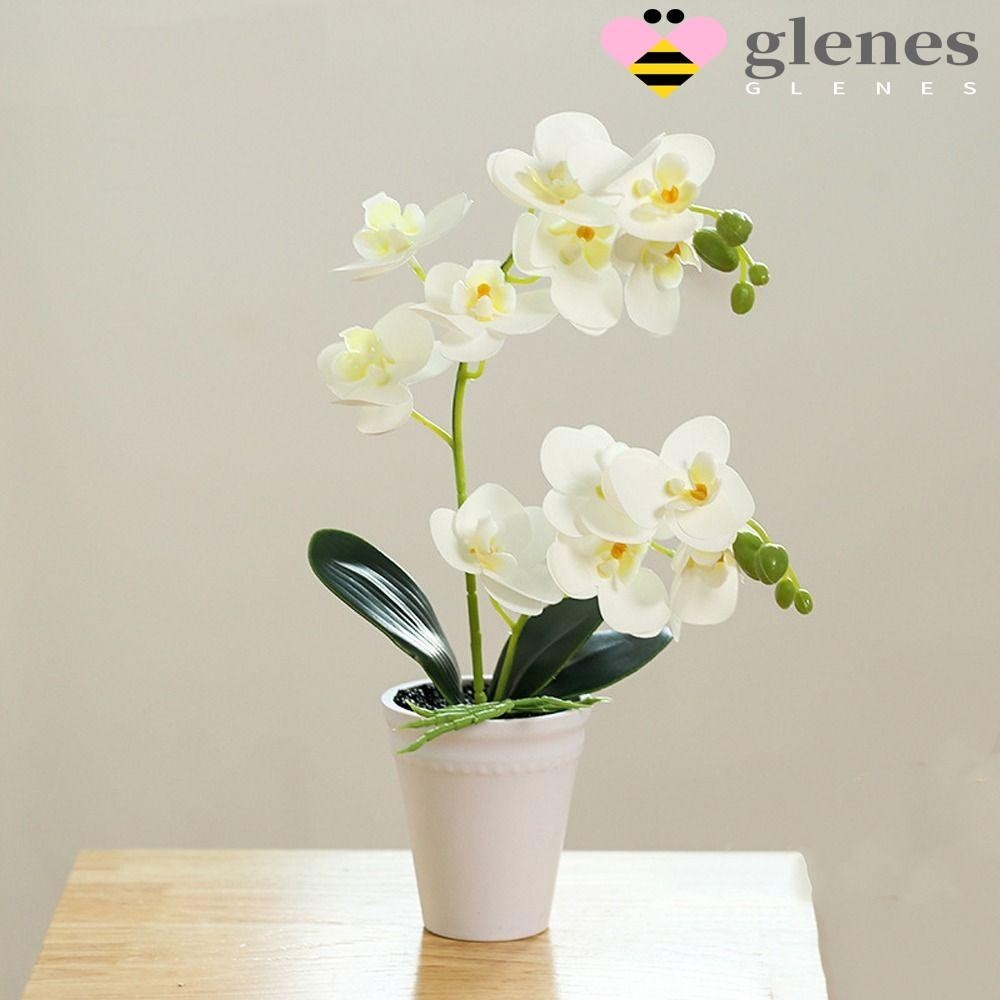 Glenes กระถางกล้วยไม้ประดิษฐ์ 11 หัว เหมือนจริง พร้อมใบกล้วยไม้ปลอม สําหรับตกแต่งบ้าน ห้องนั่งเล่น