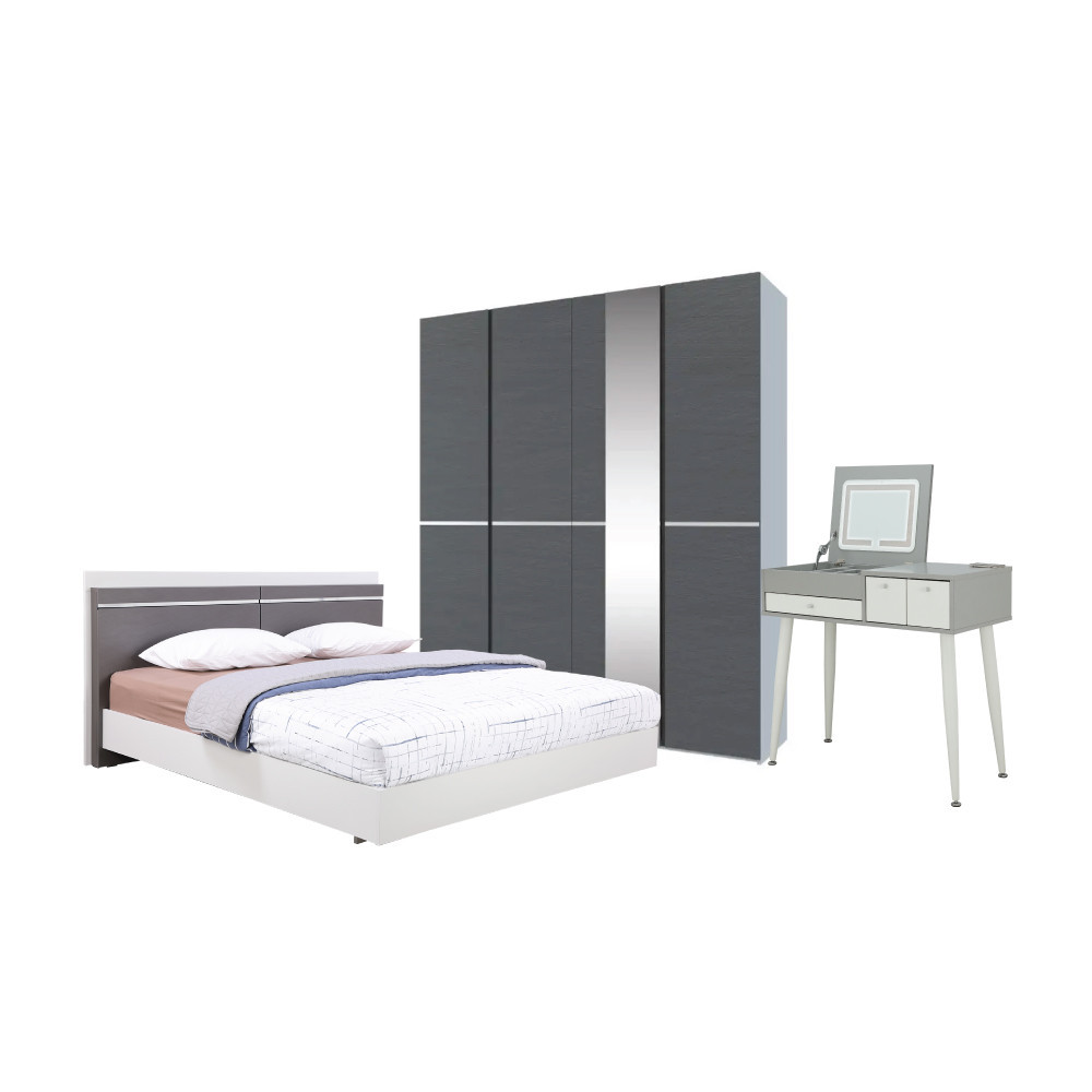 INDEX LIVING MALL ชุดห้องนอน รุ่นเอสติม่า ขนาด 5 ฟุต (เตียง, ตู้เสื้อผ้า 4 บาน, โต๊ะเครื่องแป้ง) - สีเทาอ่อน
