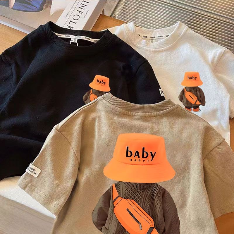 [เสื้อยืดเด็ก] เสื้อยืดแขนสั้น คอกลม ผ้าฝ้าย 100% พิมพ์ลายหมี แฟชั่นฤดูร้อน สําหรับเด็กผู้ชาย และเด็กผู้หญิง (10-37 กก.)