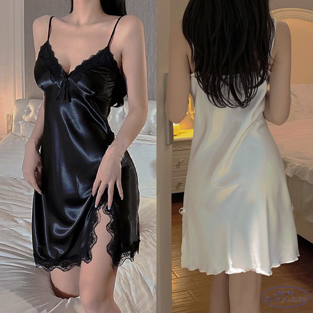 ชุดนอนผู้หญิง ผ้าซาตินลูกไม้ บางเบาสบาย สายปรับได้ ชุดนอนเซ็กซี่ เดรสสั้น QQ_006