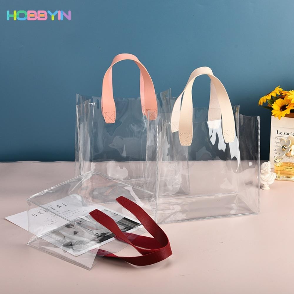 HOBBYIN กระเป๋าโท้ตใส, กระเป๋าช้อปปิ้งกันน้ํา PVC, ถุงของขวัญมือหูหิ้วความจุขนาดใหญ่ที่ใช้งานได้จริง