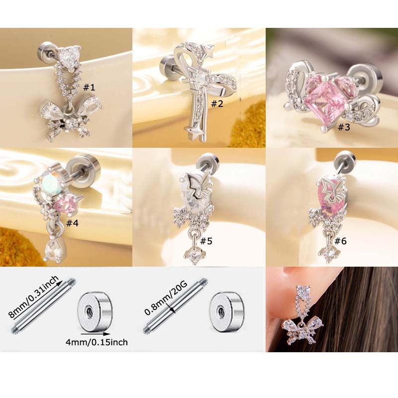 1 ชิ้นผีเสื้อ Bowknot รูปหัวใจสแตนเลสพร้อมต่างหู Zirconia Stud Helix เจาะ 20Gauge