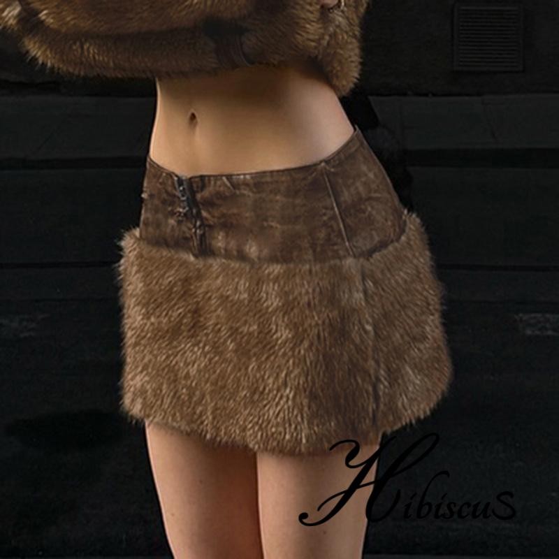 ชบา-ผู้หญิง tidding หนังขนสัตว์ Patchwork กระโปรงต่ําเอวซิปด้านหน้า Bodycon กระโปรงมินิสําหรับงานปาร์ตี้ - รูปที่ 2