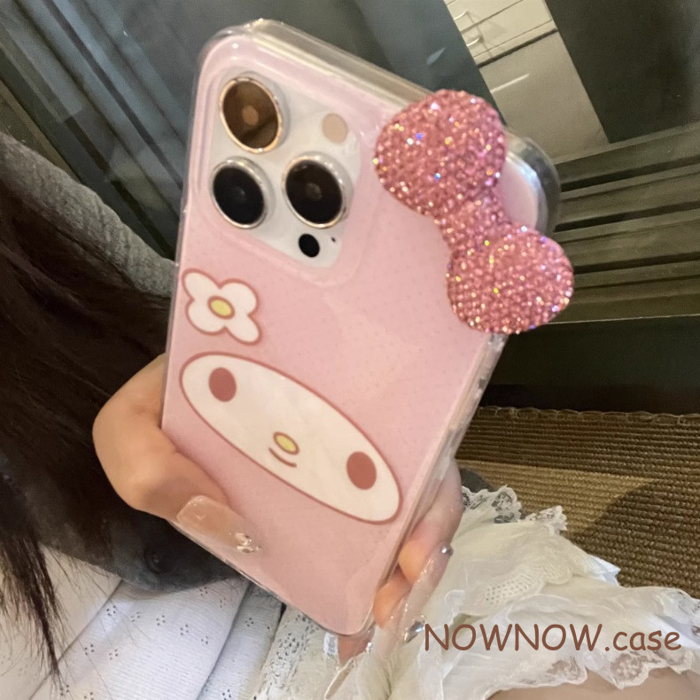 สําหรับiphone 16 15 14 13 12 11 Pro Max X XR XS Max 7 8 Plusน่ารักMelodyอิโมจิสีชมพูเพชรโบว์เคสโทรศัพท์ปกอ่อน
