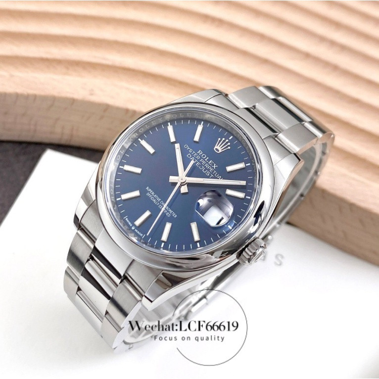นาฬิกาแฟชั่นสำหรับผู้ชาย หน้าปัดสีน้ำเงิน แสดงวันที่ นาฬิกา Datejust นาฬิกาแฟชั่นทันสมัย นาฬิกา ROLEX สไตล์หลากหลาย สายสแตนเลส นาฬิกาอัตโนมัติ