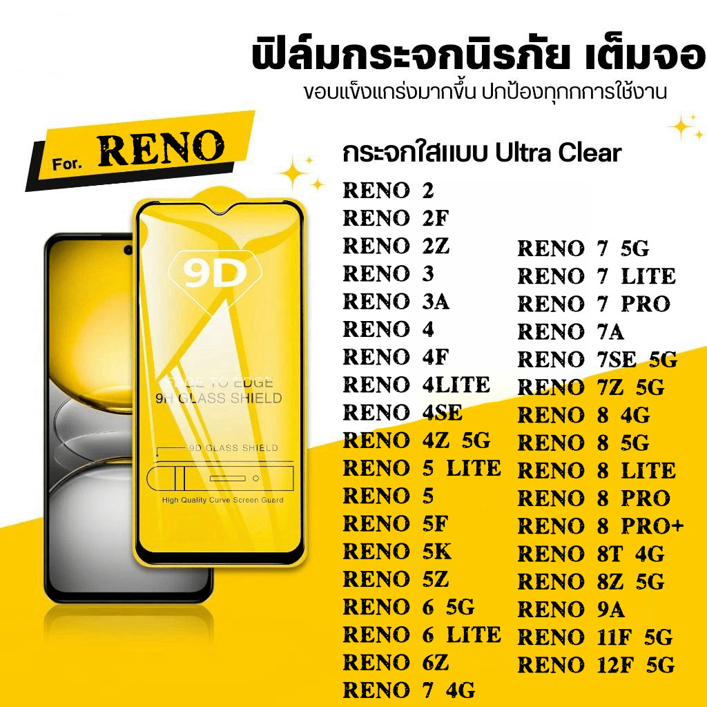 9D เต็มจอ กันรอย กันกระแทก OPPO RENO 2 2F 2Z 3 13A 4 5 4Z 5F 14F 6 6Z 7 7A 7Z 8 8T 8Z 9A 11F 12F PRO