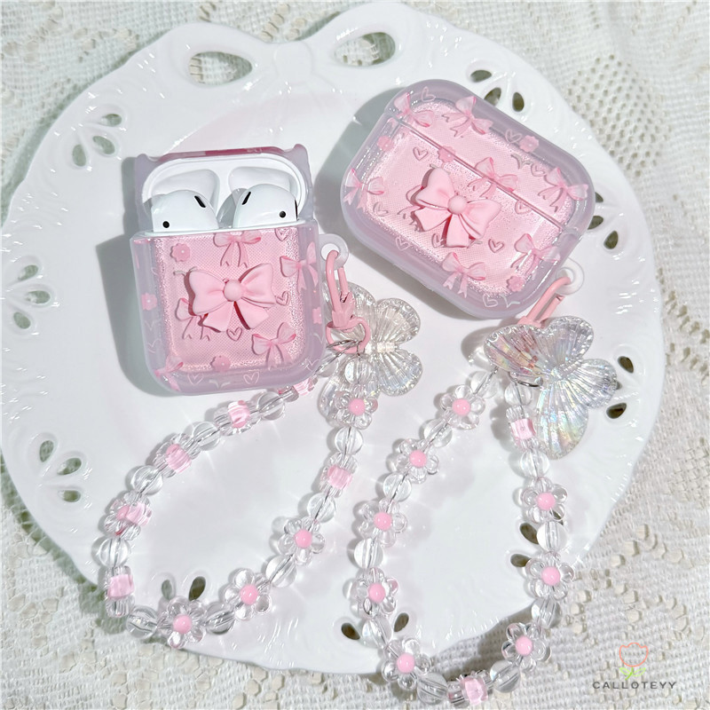 เคสโทรศัพท์ลายโบว์สีชมพู เคสหูฟังบลูทูธแบบใส เหมาะกับ AirPods Pro 2-CY