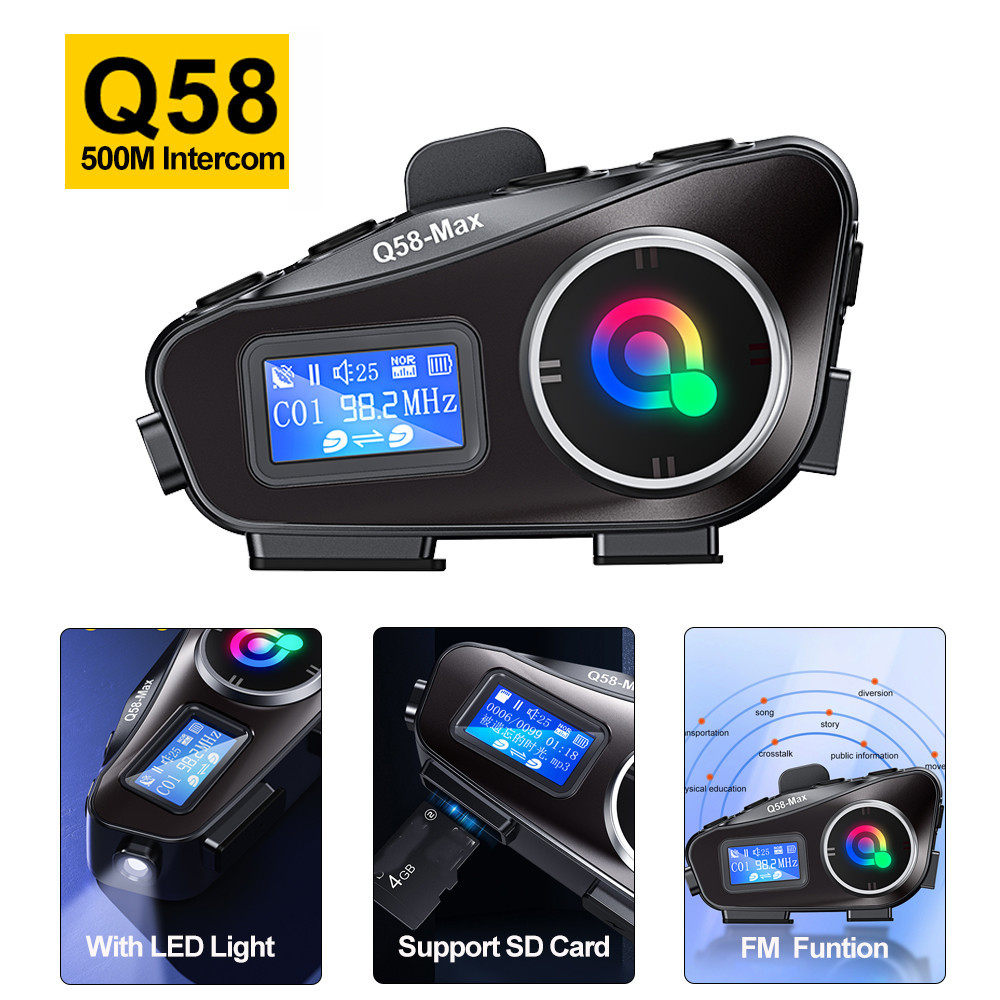 ชุดหูฟังบลูทูธ 5.3 Q58 พร้อมไฟ LED FM รองรับ SD หน้าจอขนาดใหญ่ สําหรับหมวกกันน็อครถจักรยานยนต์