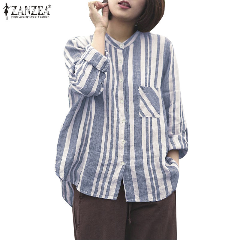 Zanzea เสื้อเชิ้ตแขนยาวลําลอง พิมพ์ลายทาง มีกระเป๋า สไตล์เกาหลี สําหรับผู้หญิง