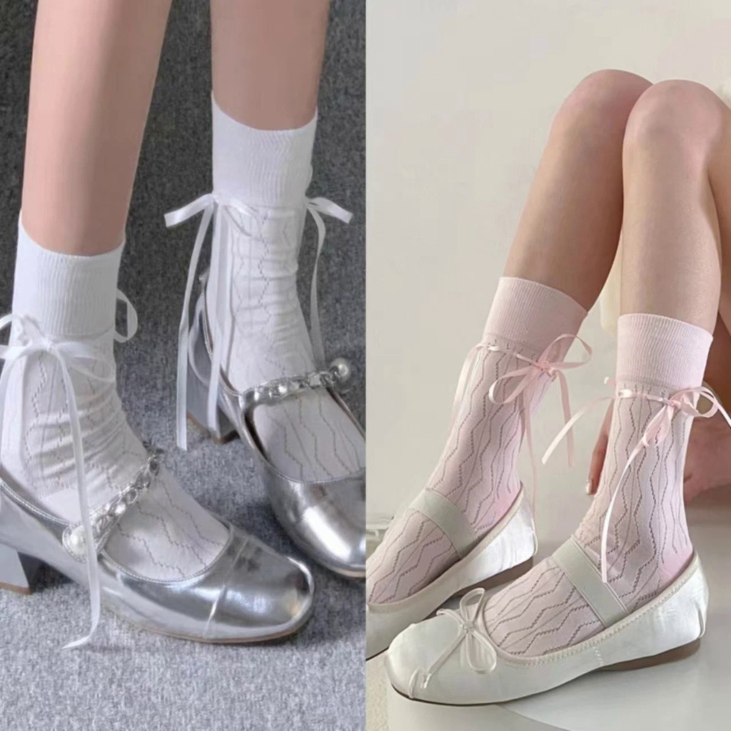 ถุงเท้าบัลเล่ต์ ข้อสั้น แต่งริบบิ้น แต่งโบว์ ระบายอากาศได้ดี สีพื้น สไตล์ญี่ปุ่น สําหรับผู้หญิง Lolita JK