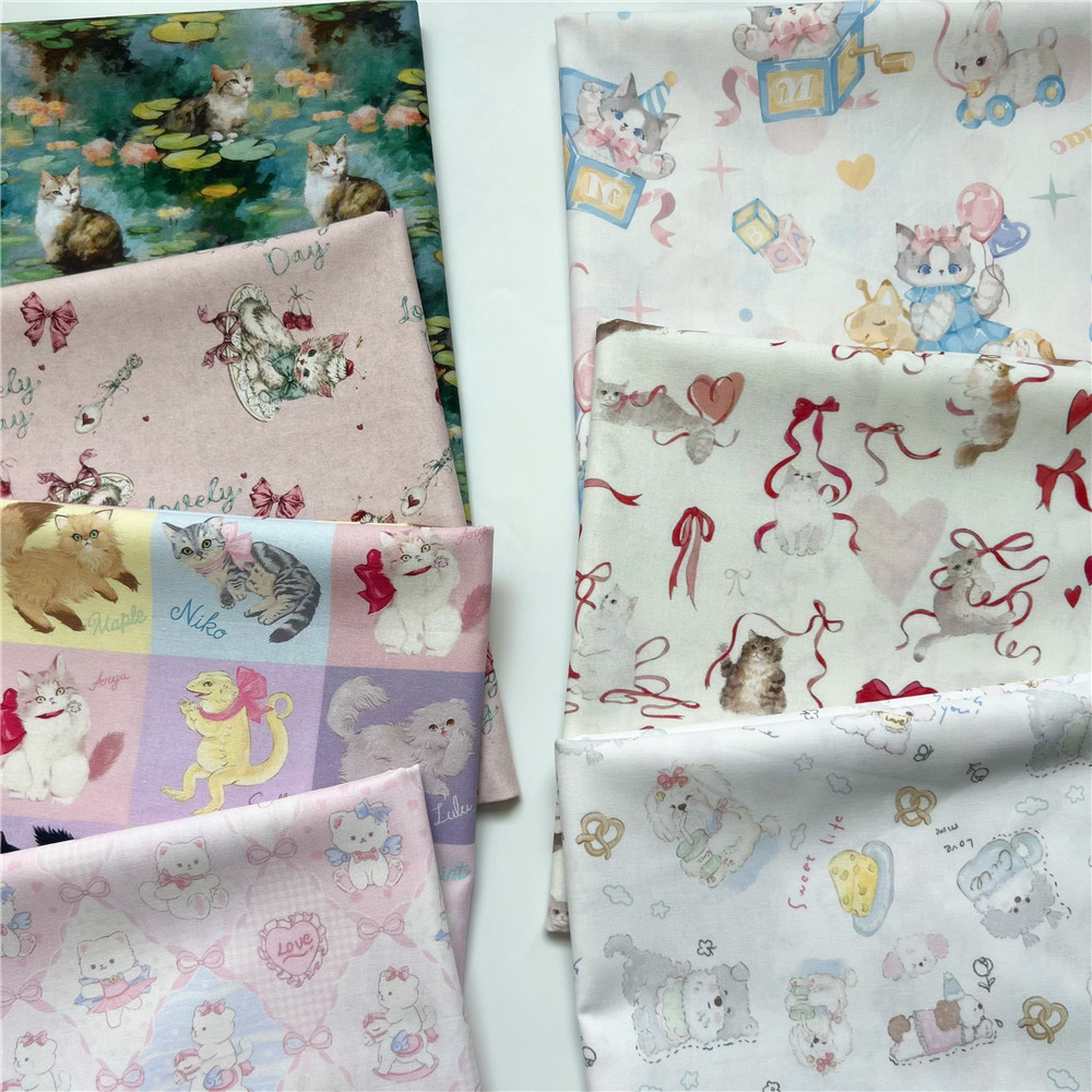 ผ้าฝ้าย 100% ริบบิ้น ลายแมวน่ารัก สไตล์วินเทจ สําหรับเย็บผ้า DIY