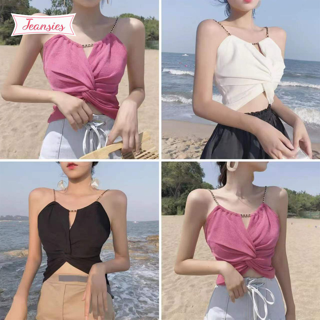 เสื้อสายเดี่ยวSexy ดีเทลสายโซ่ไขว้หน้า บิดเกรียวหน้า วีด้ายเดี่ยวผ้านิ่ม รูดคอได้