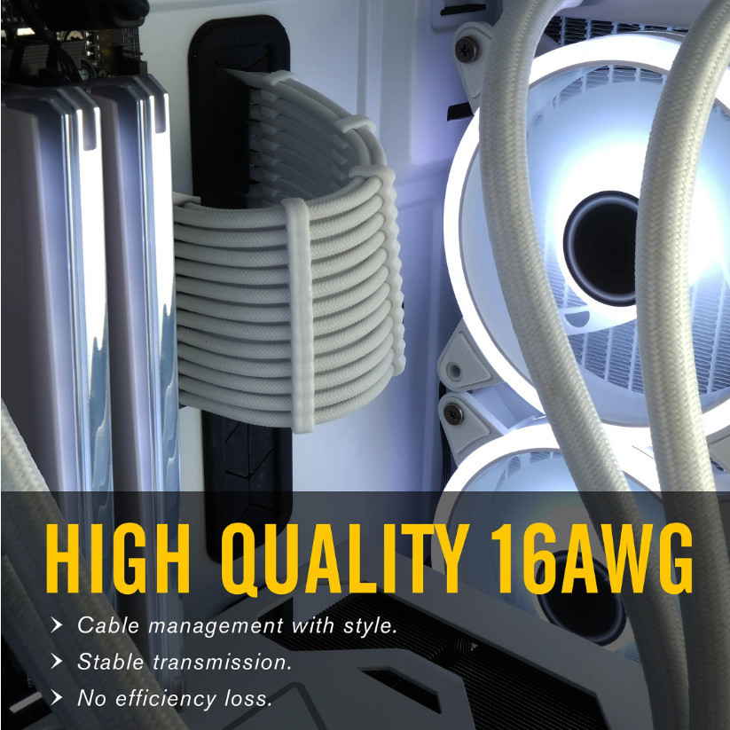 EZDIY-FAB (สายถักแต่งคอม) 16AWG PSU Cable Extension 6 Cables – All White Black (ทั้งเซ็ต)