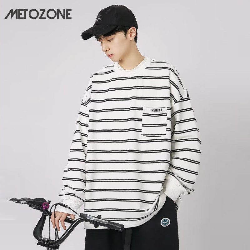 Metozone เสื้อแจ็กเก็ตลําลอง แขนยาว ลายทาง ทรงหลวม สไตล์เรโทร สําหรับผู้ชาย