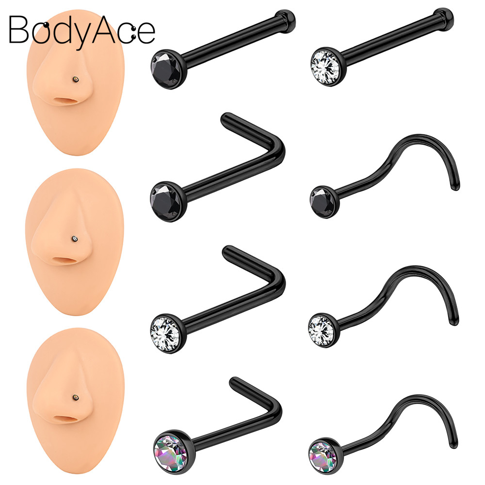 Bodyace 1 ชิ้น 18 กรัม / 20 กรัม สีดํา กลม เจาะจมูก คริสตัล เจาะ สเตนเลส จมูก สตั๊ด รูปตัว L เจาะรูจมูก รูปตัว S เครื่องประดับเจาะร่างกาย