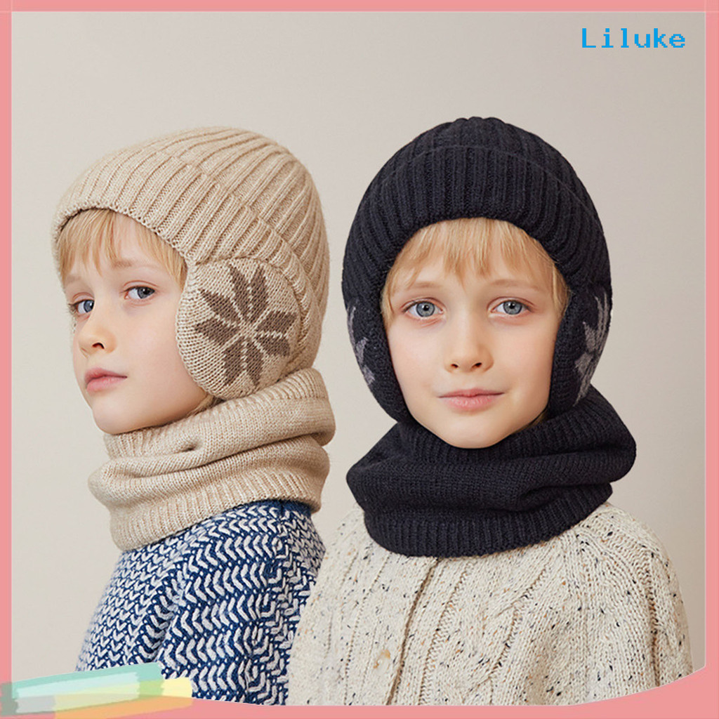 ตกลง--ฤดูหนาวเด็กหมวกผ้าพันคอชุดพิมพ์หนายืดหยุ่นอบอุ่นกันลื่นโดมนุ่ม กันลม หูคอป้องกันหมวกคอชุดวิปริต