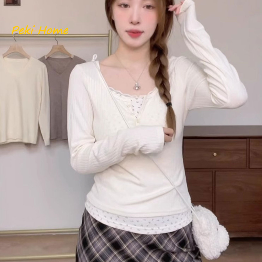 เสื้อยืดแขนยาว แบบเย็บติดกันสองชิ้น ลายดอกไม้มินิมอล – โปรปัง