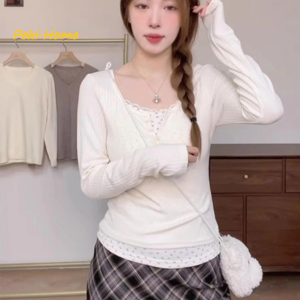 เสื้อยืดแขนยาว แบบเย็บติดกันสองชิ้น ลายดอกไม้มินิมอล