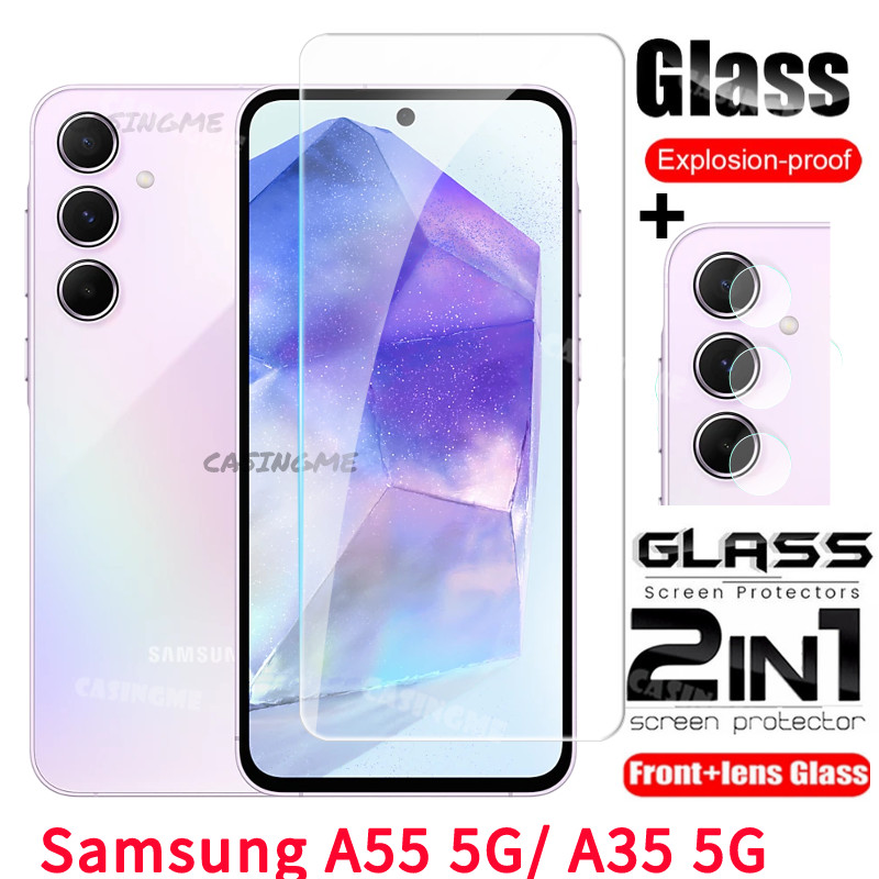 Samsung A35 A16 5G 2024 ฟิล์ม 2 in 1 ป้องกันหน้าจอกระจกนิรภัยสําหรับ Samsung Galaxy A35 A55 55 35 A15 A25 55A 35 55 4G 35A 5G 2024 SamsungA55 ฟิล์มด้านหน้าด้านหลังเลนส์