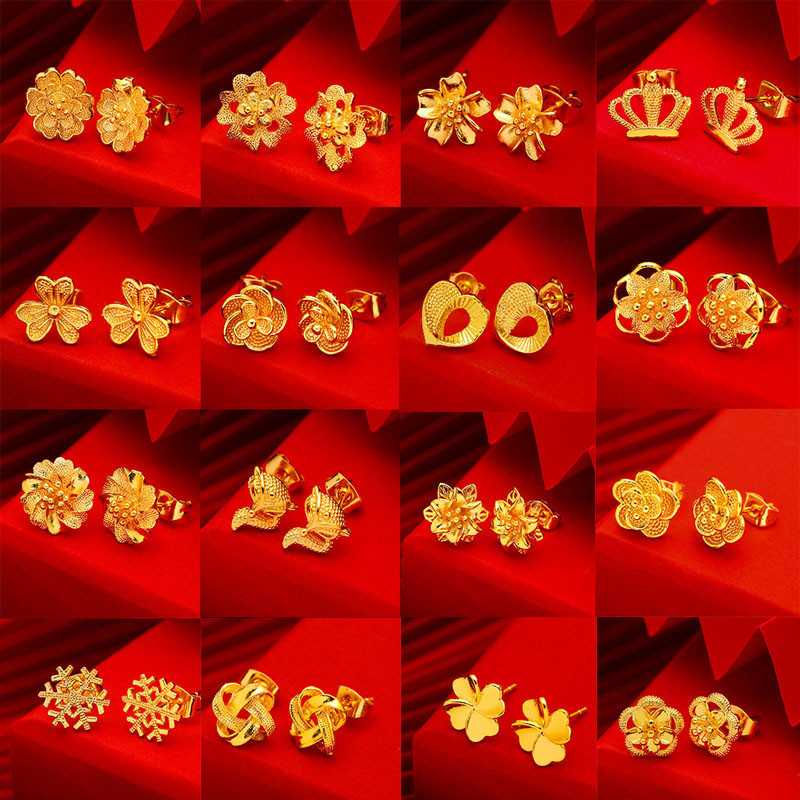 ต่างหูสตั๊ด ชุบทอง 24k จี้รูปมงกุฎ และดอกไม้ สวยหรู แบบเรียบง่าย ต่างหูโบว์