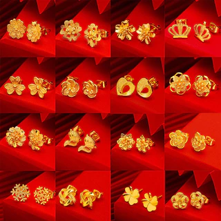ต่างหูสตั๊ด ชุบทอง 24k จี้รูปมงกุฎ และดอกไม้ สวยหรู แบบเรียบง่าย ต่างหูโบว์