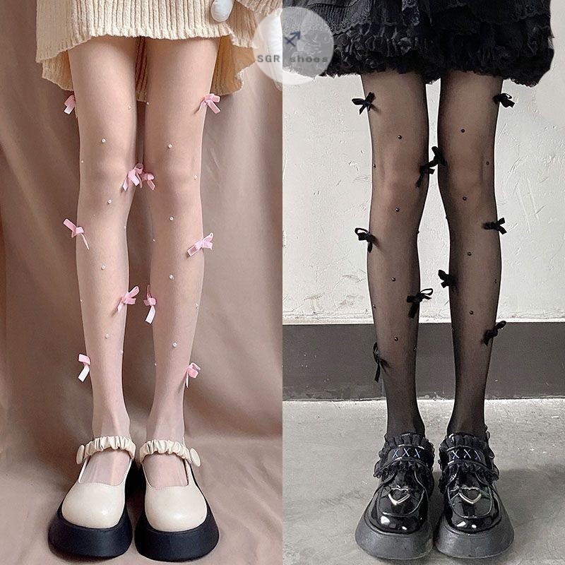 จัดส่งจากกรุงเทพ ถุงน่อง แบบบาง ประดับโบว์ สไตล์โลลิต้าของญี่ปุ่น ถุงน่อง JK สตรีเกาหลี