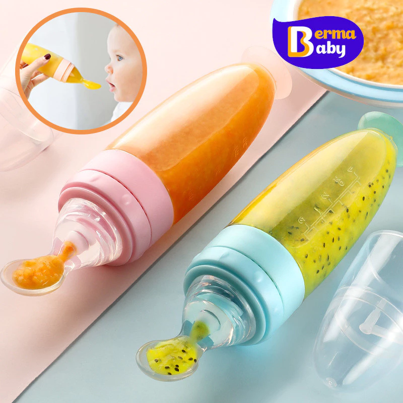 Berma Baby ช้อนป้อนอาหารลูกน้อย ช้อนบีบขวดซิลิโคนเด็ก 90ML ช้อนป้อนอาหาร วัสดุซิลิโคน กันรั่ว แบบพกพา บีบป้อนด้วยช้อน