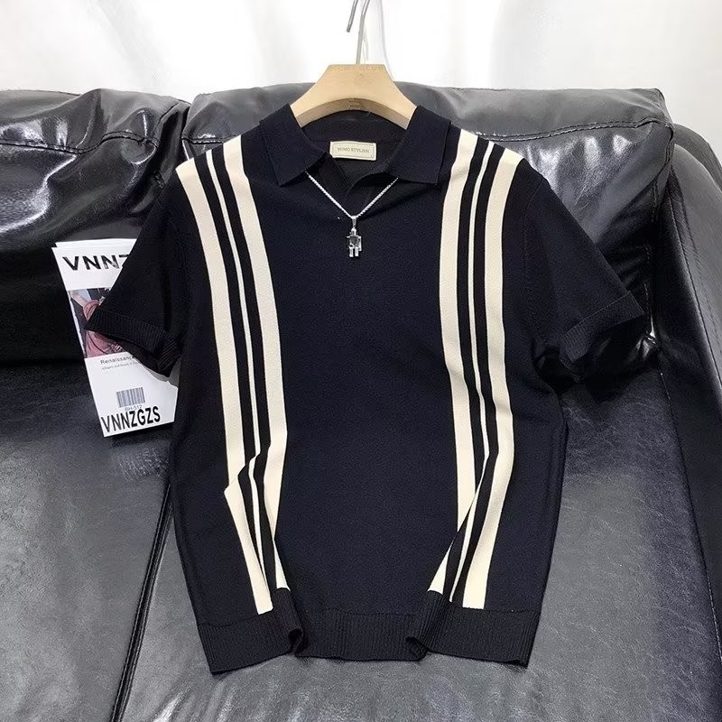 เสื้อโปโล คอวี ลายทาง ทรงหลวม สไตล์ญี่ปุ่น แฟชั่นฮาราจูกุ สําหรับผู้ชาย และผู้หญิง