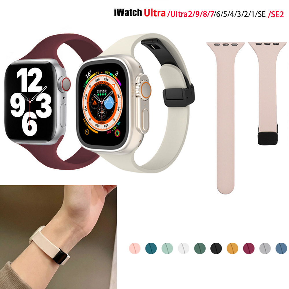 สายนาฬิกาข้อมือซิลิโคน แบบนิ่ม แต่งหัวเข็มขัดแม่เหล็ก สําหรับ Apple Smartwatch Series 9 8 7 SE 6 5 4 Ultra 2 49 มม. 45 41 44 42 40 38